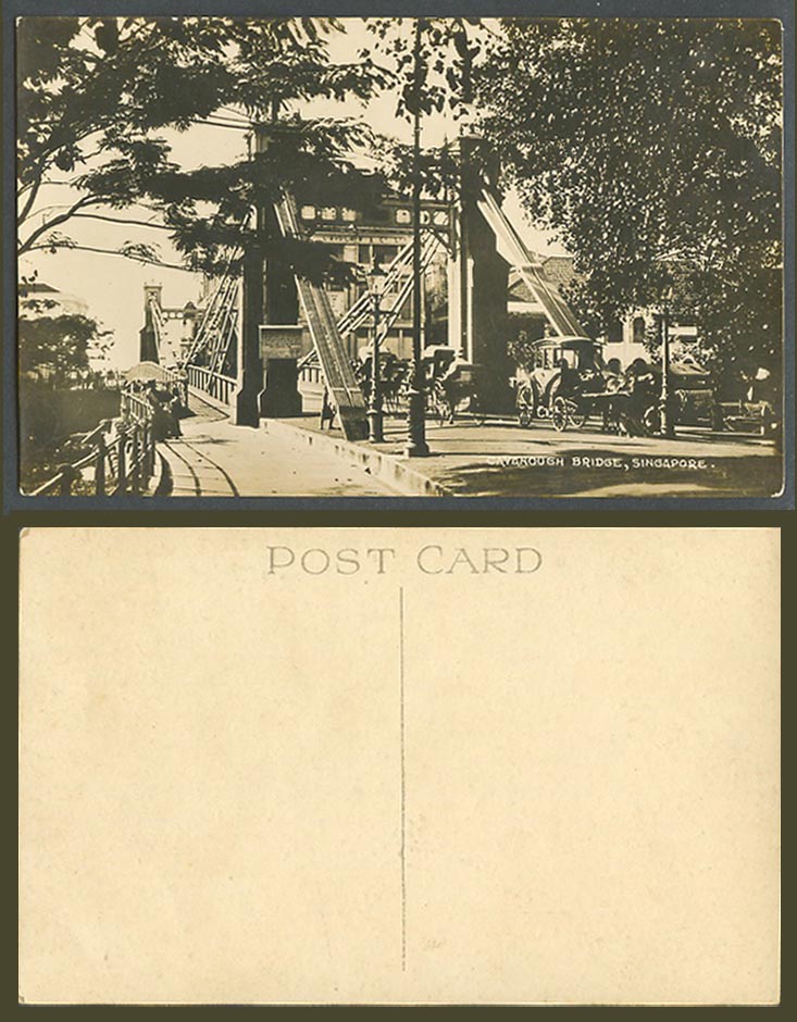 Singapore Old Real Photo Postcard Cavenagh Cavenough Bridge, Horse Cart Rickshaw