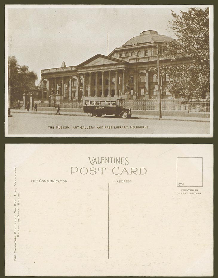 Australia Old Postcard Melbourne, The Museum, Art Gallery, Free Library, Vehicle