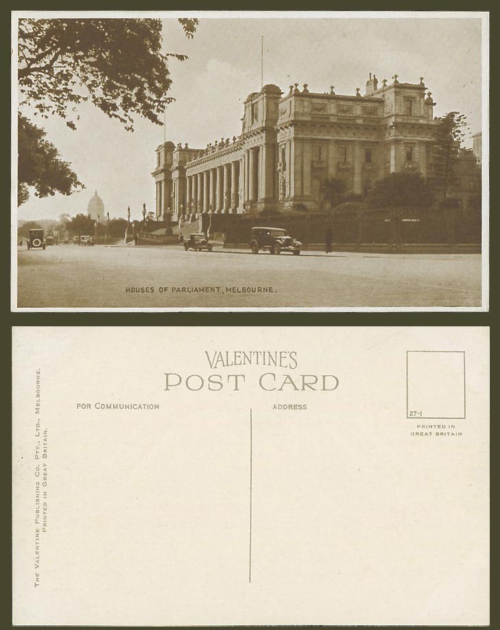 Australia Old Postcard Houses of Parliament Melbourne Street Scene V. Motor Cars