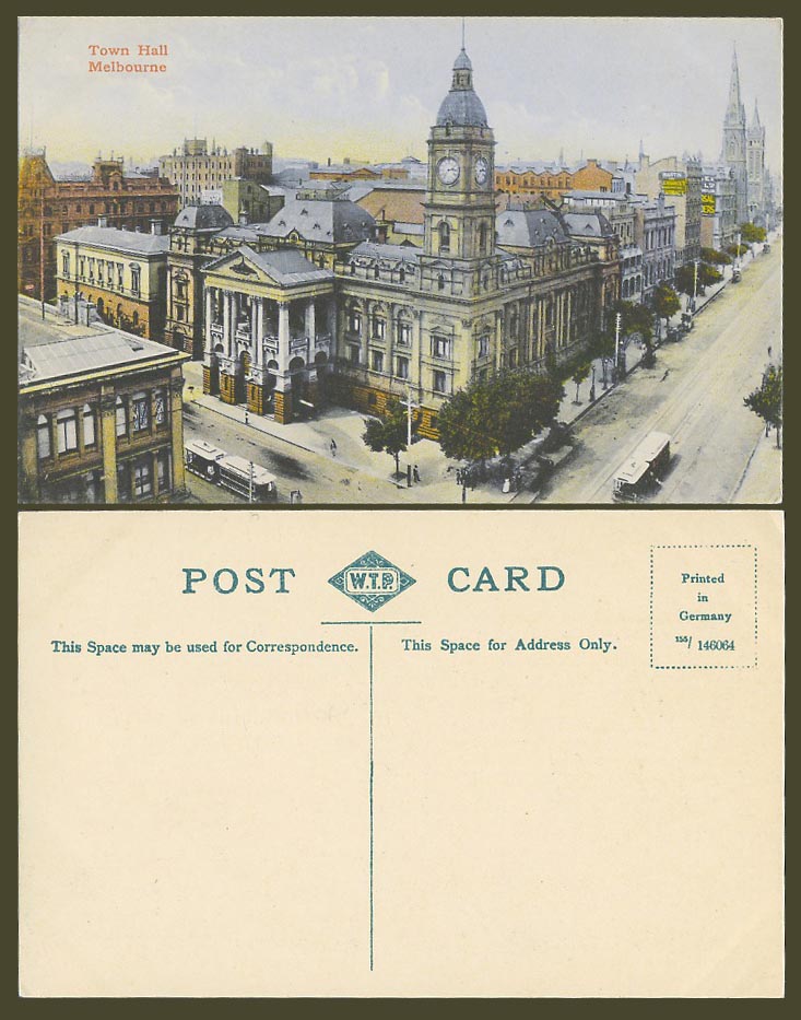 Australia Old Colour Postcard Melbourne TOWN HALL, Clock Tower TRAM Street Scene