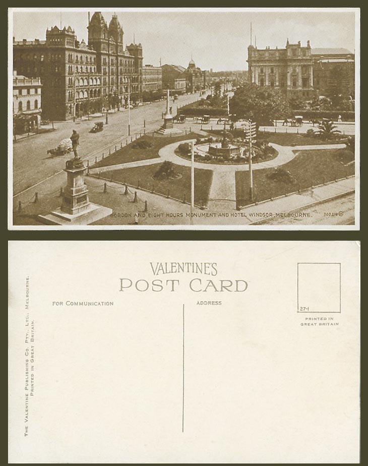 Australia Old Postcard Gordon and Eight Hours Monument & Hotel Windsor Melbourne