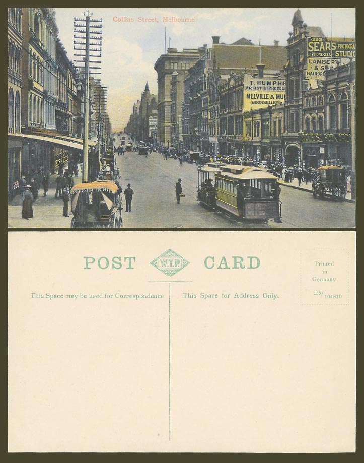 Australia Old Postcard Collins Street Scene Melbourne, Tram Tramway, Horse Carts
