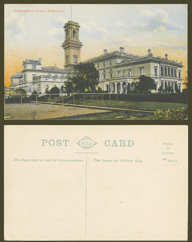 Australia Old Colour Postcard Melbourne Government House Building Victoria W.T.P