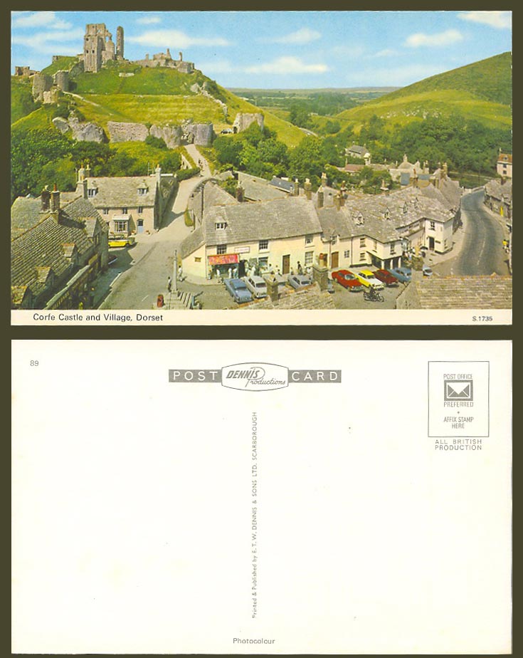 Corfe Castle Ruins and Village Street Scene Dorset Hill Panorama Colour Postcard