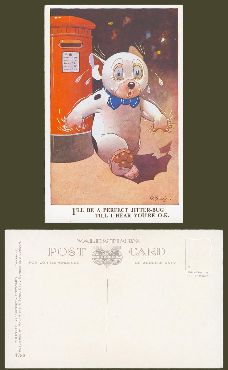 BONZO DOG GE Studdy Old Postcard Perfect Jitter-Bug Till You're OK, Postbox 4756