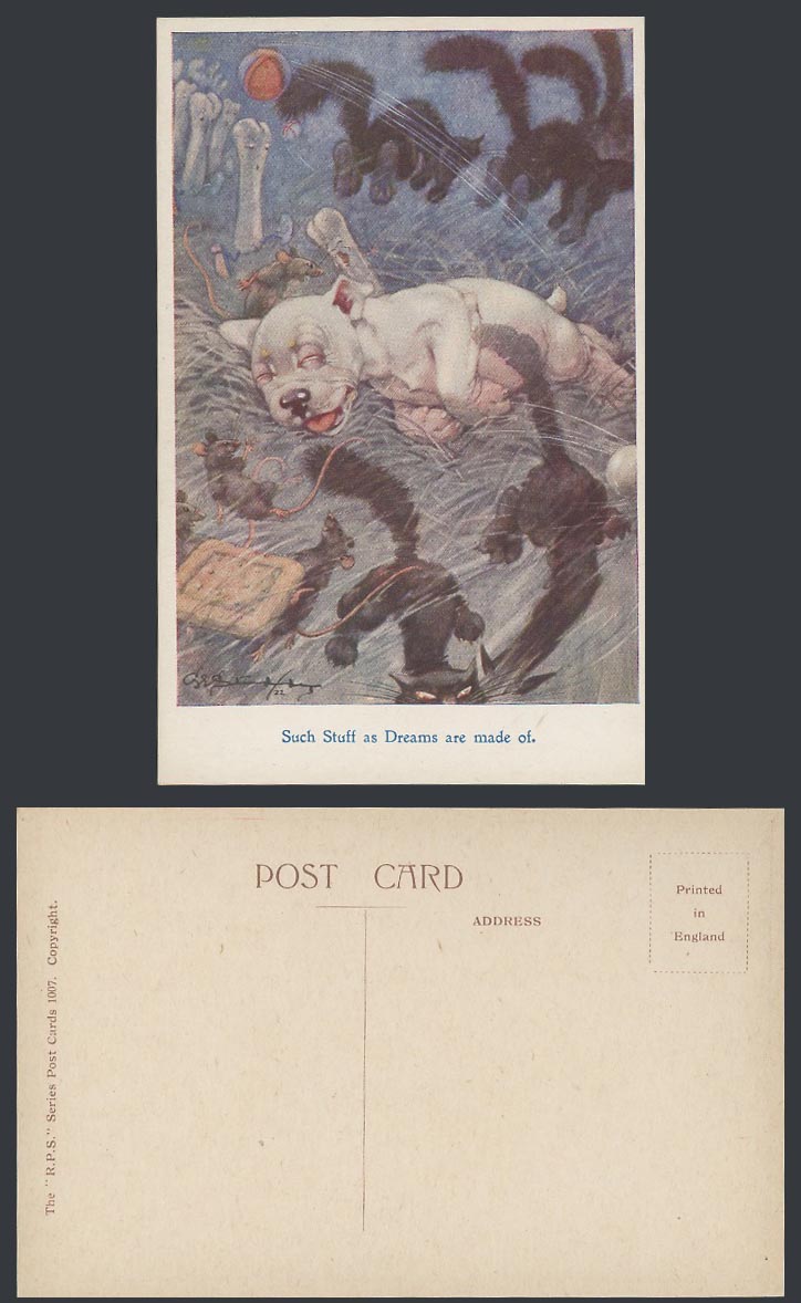 BONZO DOG GE Studdy Old Postcard Such Stuff Dreams Are Made Of Mouse & Cats 1007