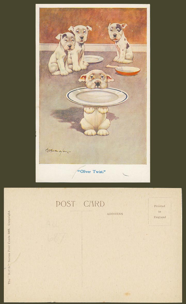 BONZO DOG GE Studdy c1920 Old Postcard OLIVER TWIST Dishes Plates Bone Dogs 1008