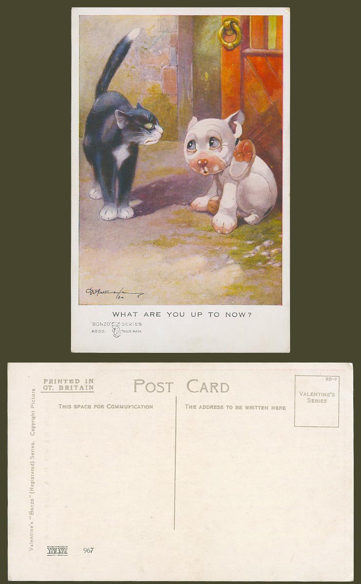 BONZO DOG GE Studdy Old Postcard Black Cat Kitten What Are You Up To Now? No.967