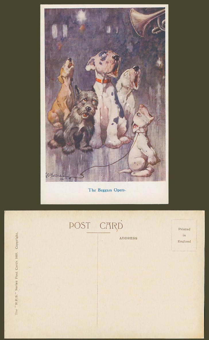 BONZO DOG GE Studdy c.1920 Old Postcard The Beggars Opera Dogs Puppies Sing 1003