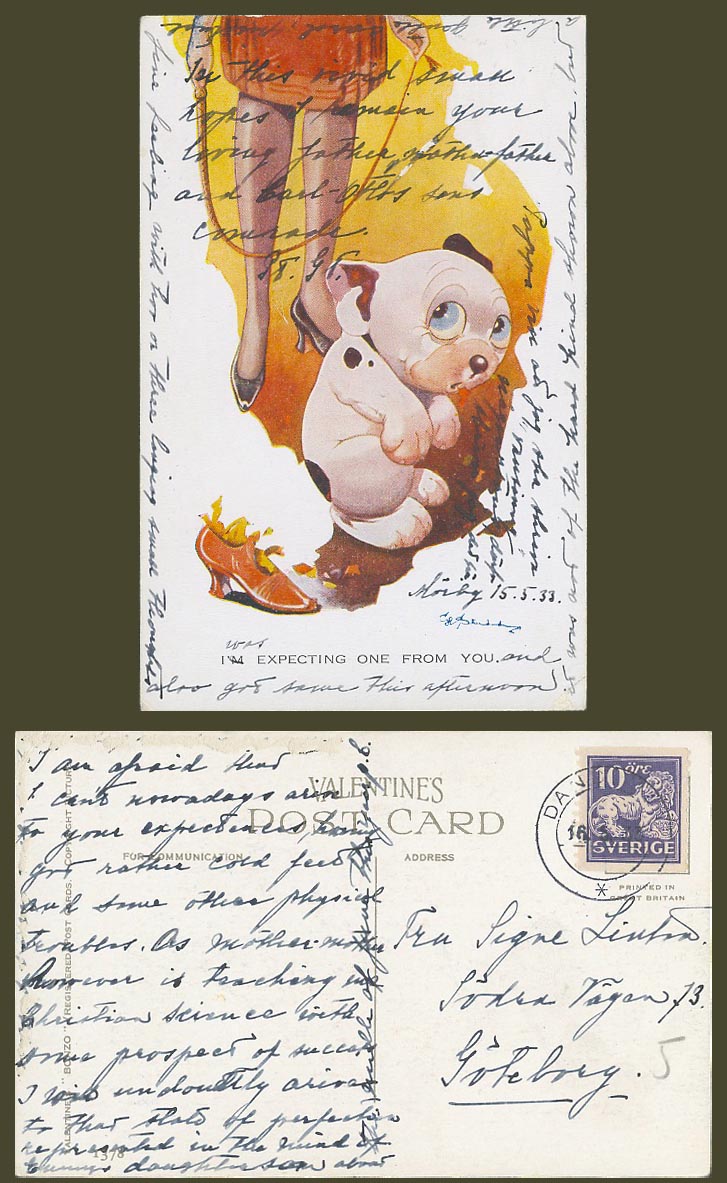 BONZO DOG GE Studdy 1933 Old Postcard I'm Expecting One From You Shoe Puppy 1378
