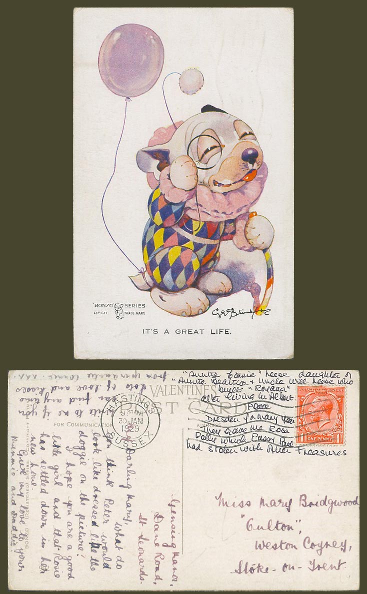 BONZO DOG GE Studdy 1929 Old Postcard It's a Great Life! Clown Puppy Balloon 992