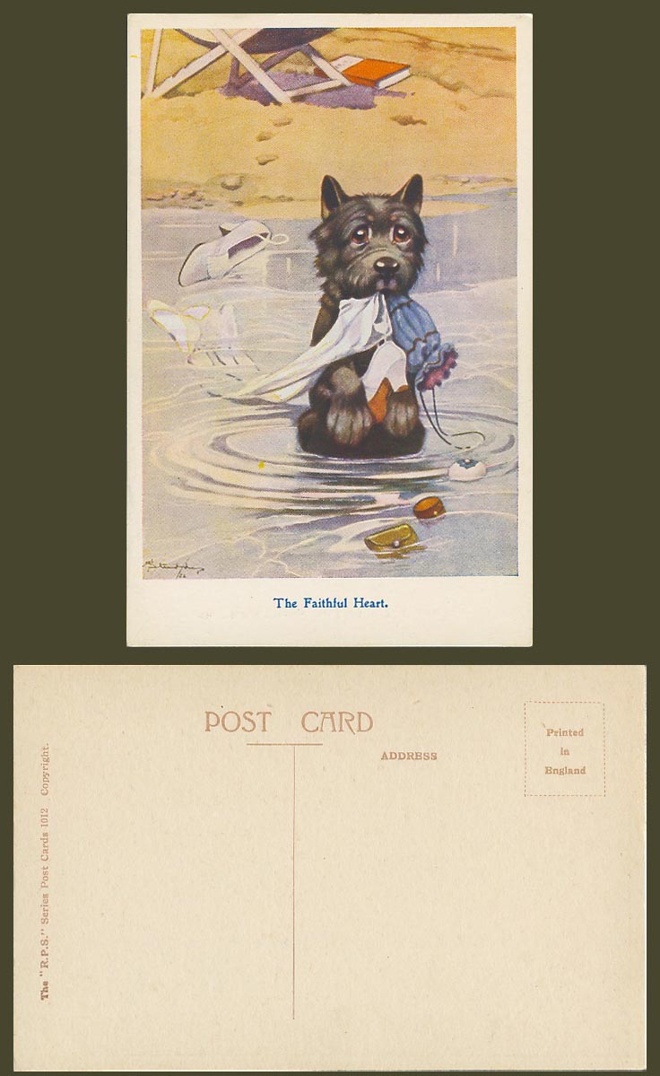 BONZO DOG G.E. Studdy c.1920 Old Postcard The Faithful Heart Puppy on Beach 1012
