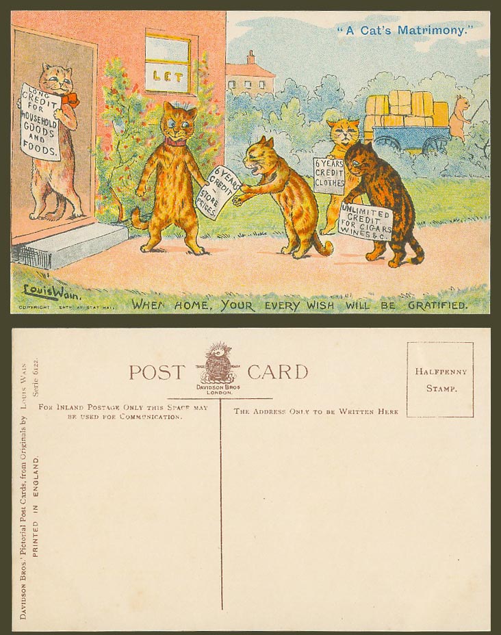 Louis Wain A Cat's Matrimony When Home Every Wish Will Be Gratified Old Postcard
