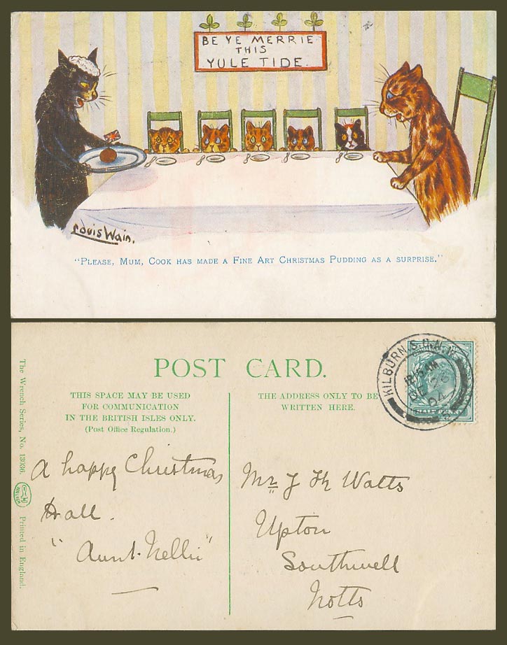 Louis Wain Cats Kittens Cook Made Christmas Pudding a Surprise 1904 Old Postcard