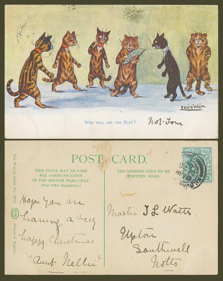 Louis Wain Artist Signed, Cats Kittens, Who Will Get The Kiss? 1904 Old Postcard