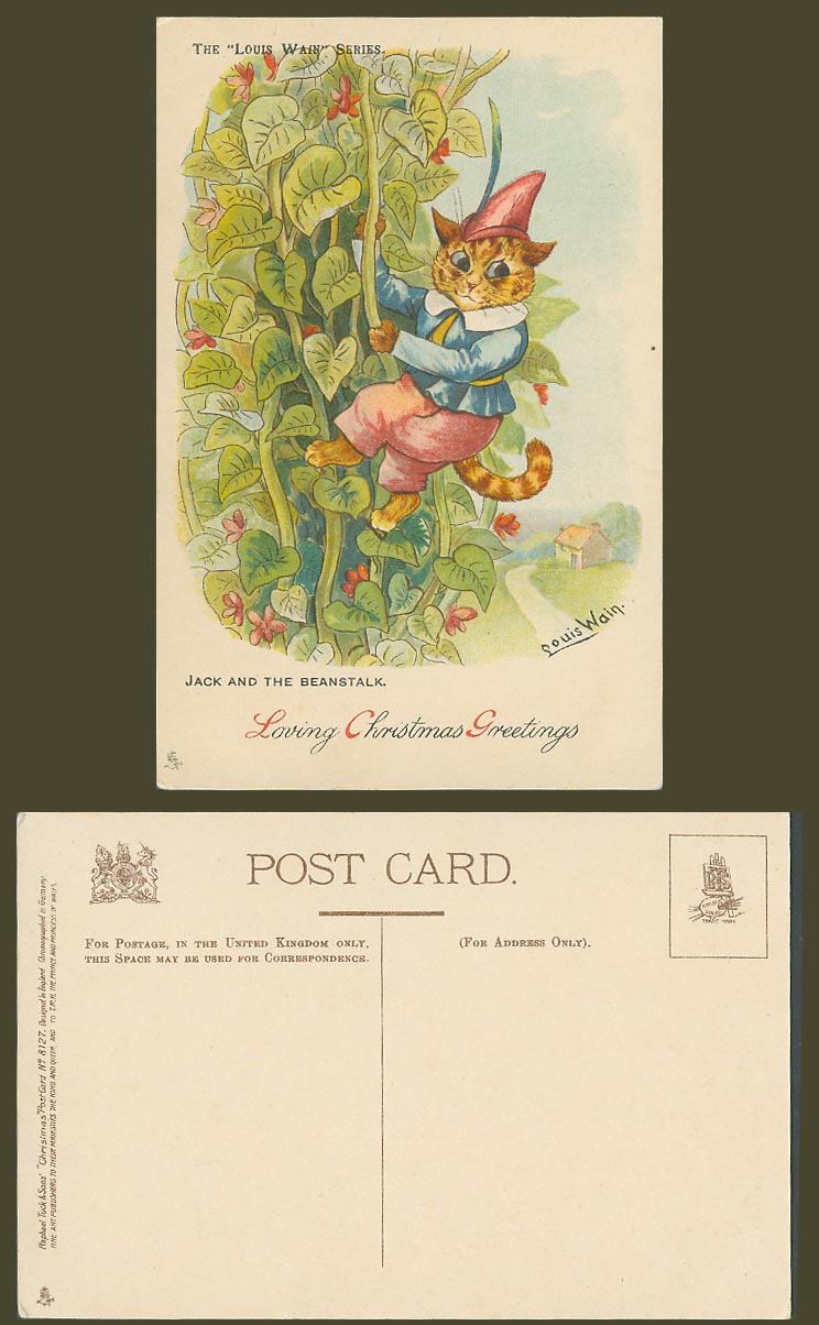 Louis Wain Artist Signed Cat Jack and Beanstalk Christmas Greetings Old Postcard