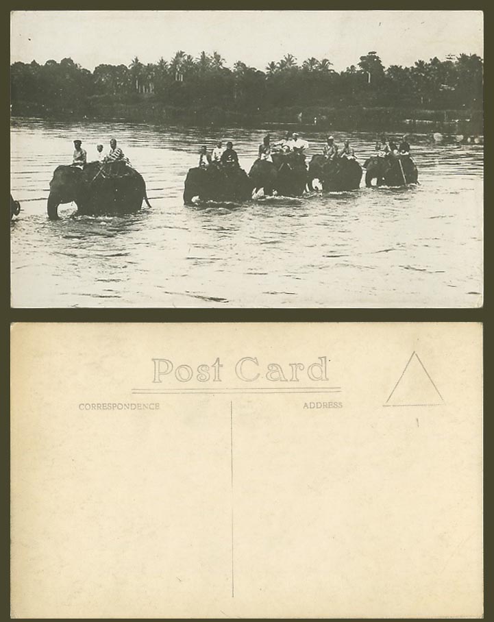 Penang Malaya Old Real Photo Postcard Elephants Elephant Riders Crossing a River