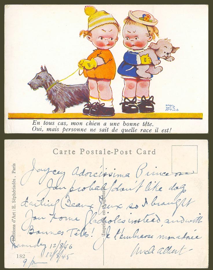 Mabel Lucie Attwell Old Postcard French Caption No One Know What Race Dog Is 182