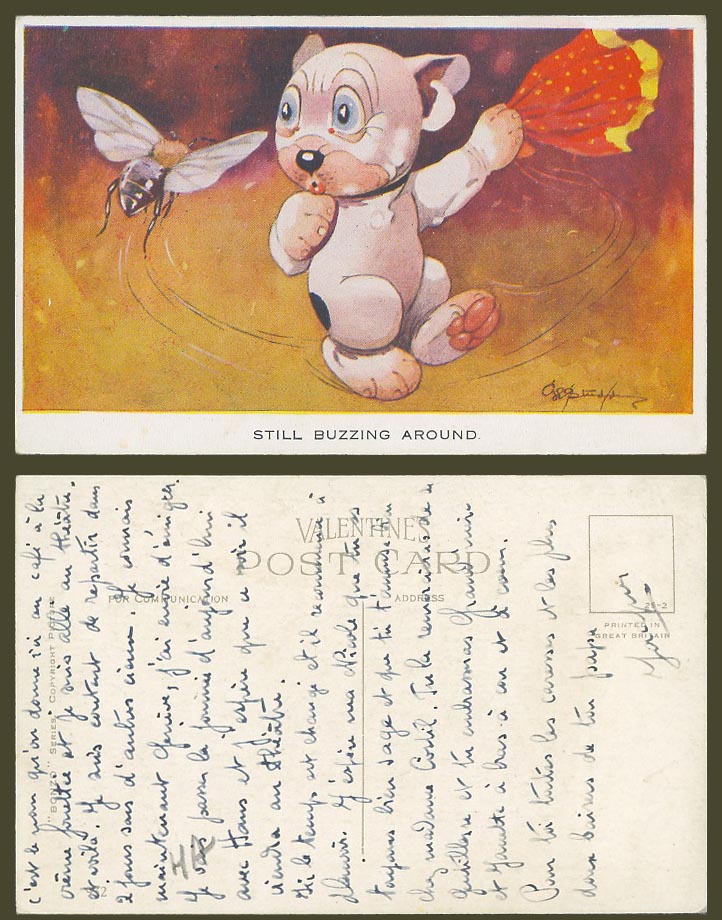BONZO DOG GE Studdy Old Postcard Wasp BEE Insect, Still Buzzing Around Puppy 932