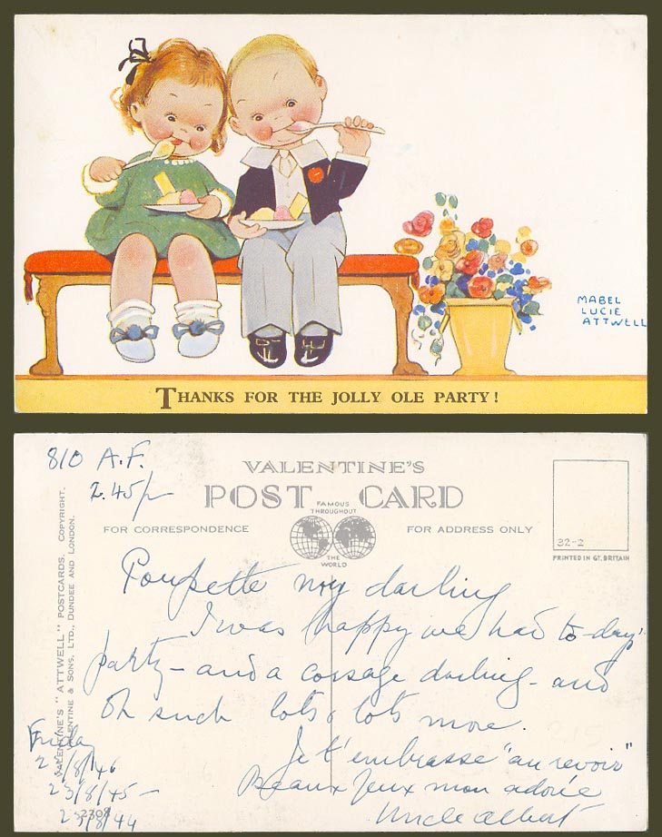 MABEL LUCIE ATTWELL 1944 Old Postcard Thanks For Jolly Ole Party! Ice Cream 2308