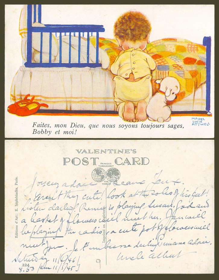 MABEL LUCIE ATTWELL Old Postcard French Caption, Bobby and I Are Always Wise 224
