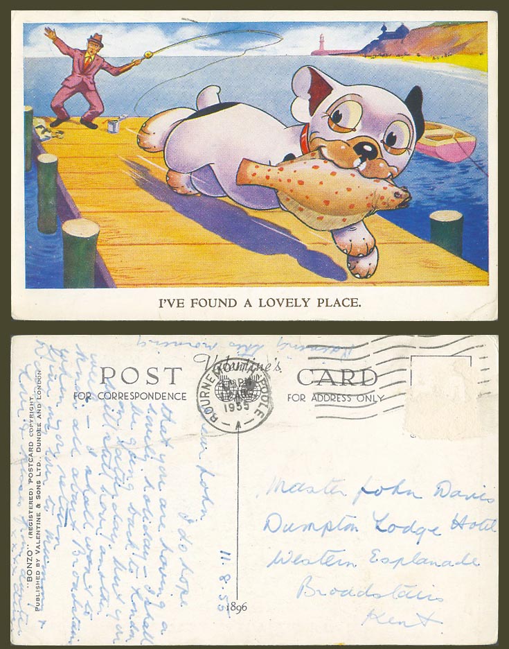 BONZO DOG GE Studdy Style 1955 Old Postcard Found Lovely Place, Plaice Fish 1896