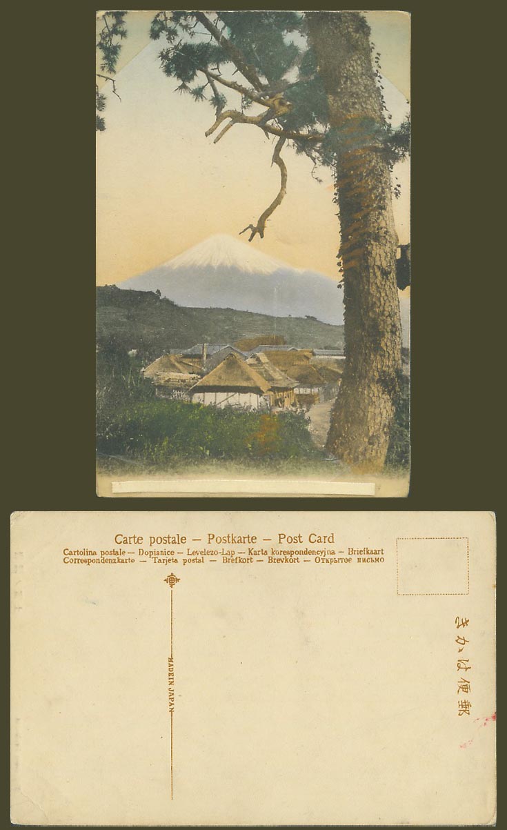 Japan Old Hand Tinted Postcard Mount Mt. Fuji Mountain Village Houses Street 富士