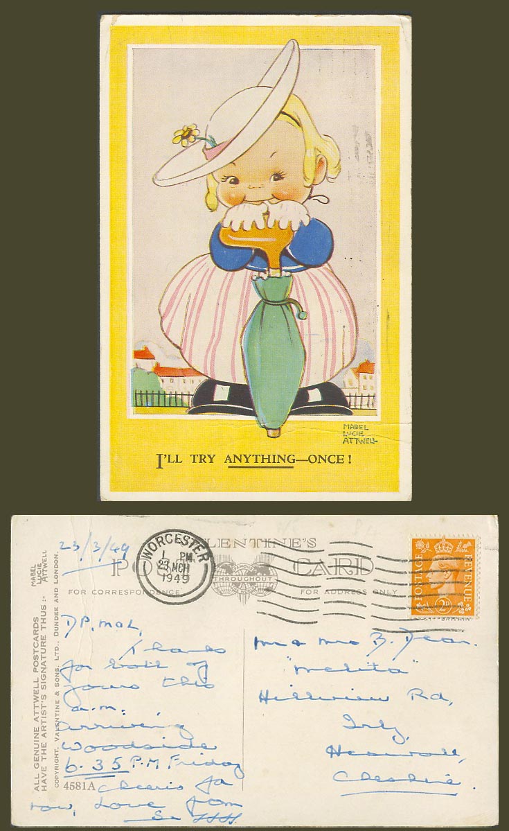 MABEL LUCIE ATTWELL 1949 Old Postcard I'll Try Anything Once Girl Umbrella 4581A