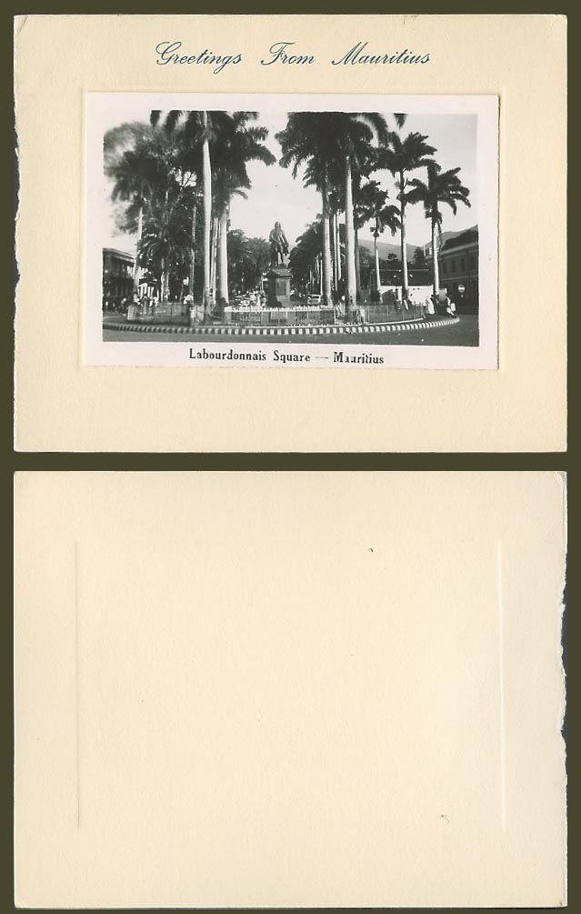 Mauritius c.1960 Real Photo Stuck on Card Labourdonnais Square Statue Palm Trees