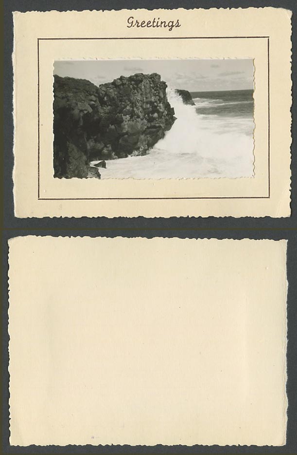 Mauritius c.1960 Real Photo Stuck on Card, Rough Sea Waves, Cliffs, Rocks, Coast