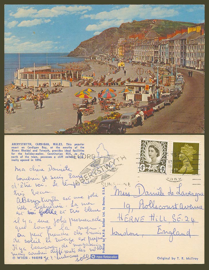 Aberystwyth QE2 1d 4d 1968 Old Postcard Cardigan Bay, Constitution Hill, Street