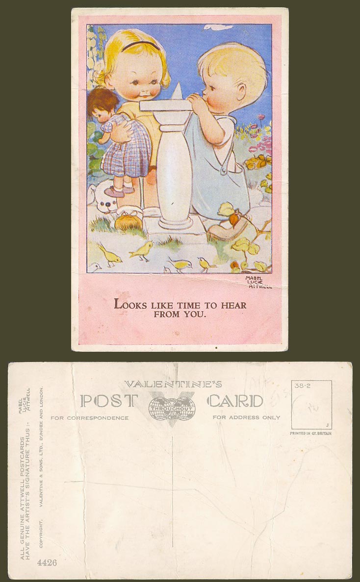 MABEL LUCIE ATTWELL Old Postcard Looks Like Time to Hear from You - SUNDIAL 4426