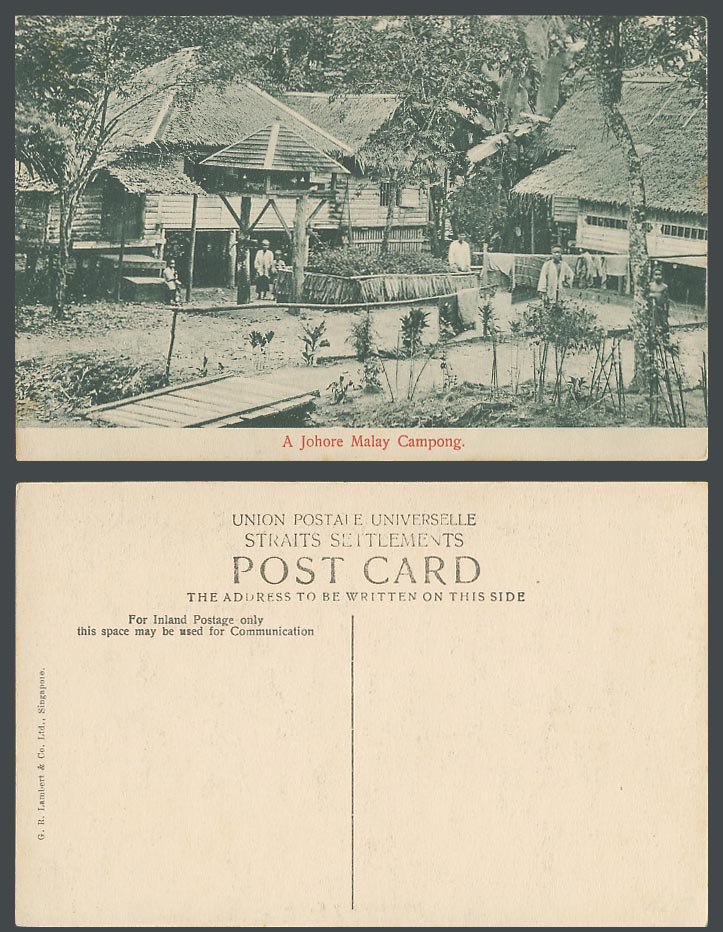 Johore Old Postcard A Johore Malay Campong Bridge Native Houses Men and Children