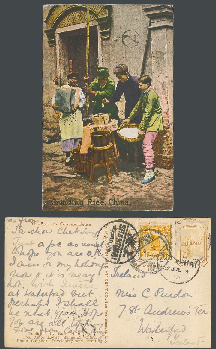 China, Chinese Junk 1c Shanghai to Ireland 1915 Old Postcard Grinding Rice, Mill