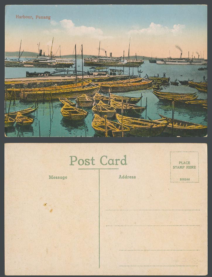 Penang Harbour Old Colour Postcard Boats Steamers Steam Ships Pier Jetty, Malaya