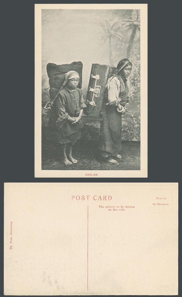 TIBET China India Old Postcard TIBETAN COOLIES Native Girls & Trunks Darjeeling