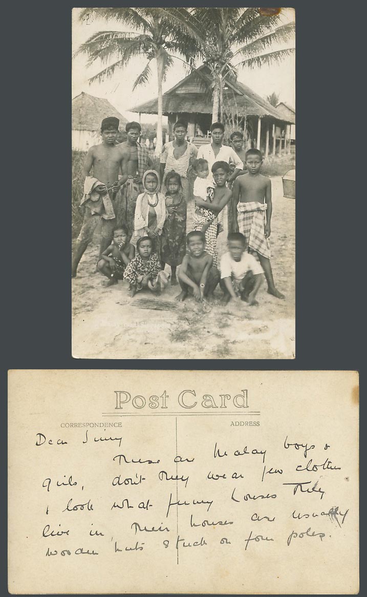 Singapore Old Real Photo Postcard Malay Group Men Children Boys Girls Palm Trees