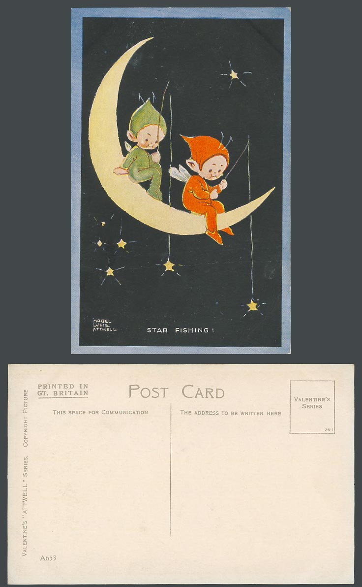 MABEL LUCIE ATTWELL Old Postcard Fairy Fairies Star Fishing Rod on New Moon A653