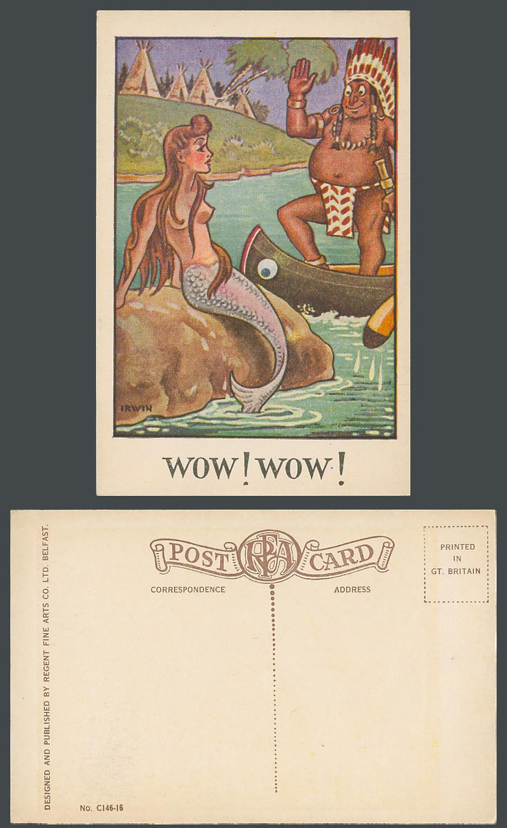 MERMAID American Red Indian Chief on Canoe Wow! IRWIN Artist Signed Old Postcard