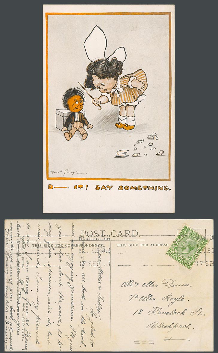 Artist Signed Black Comic Humour D-it! Say Something Girl Doll 1917 Old Postcard