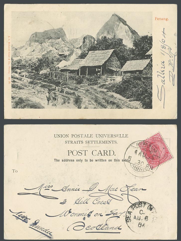 Penang India KE7 1a Sea Post Office 1904 Old UB Postcard Elephant Rider Mountain