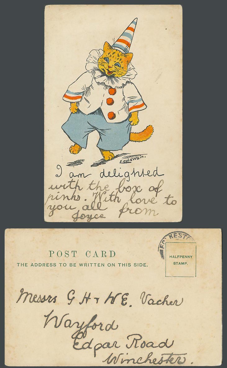 LOUIS WAIN Artist Signed Cat as Clown, I'm delighted, Write Away Old UB Postcard