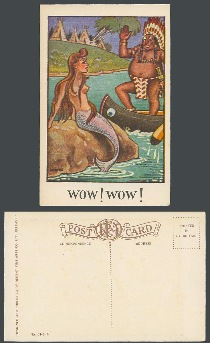 MERMAID American Red Indian Chief on Canoe Boat IRWIN Artist Signed Old Postcard