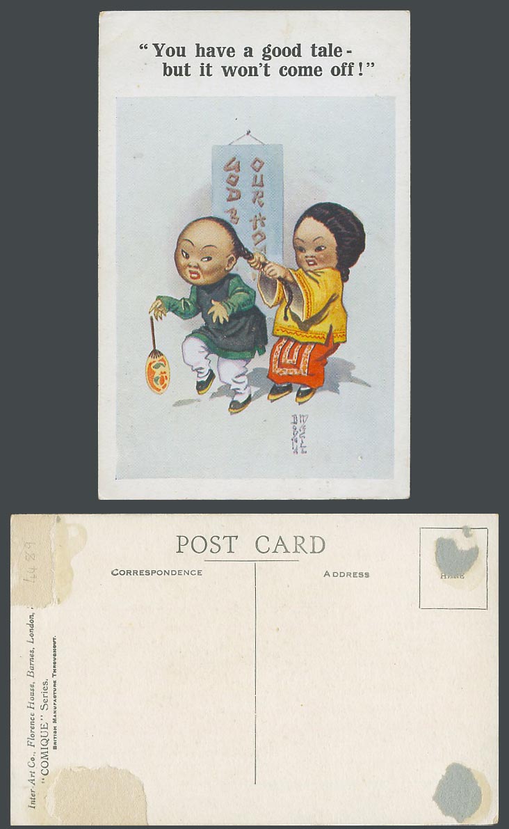 Donald McGill c1920 Old Postcard Chinaman Good Tale Won't Come Off Chinese Woman