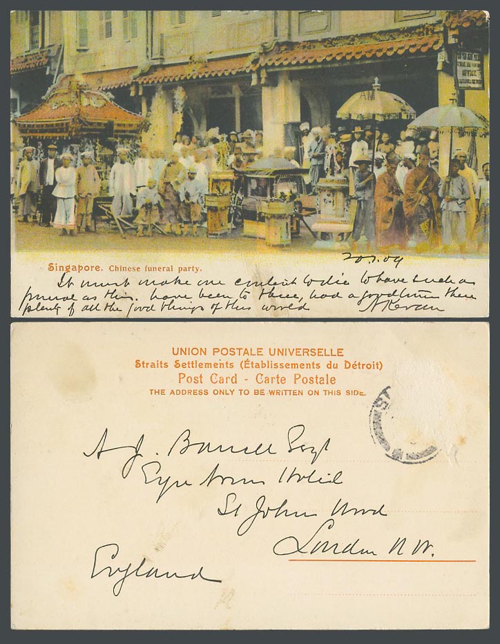 Singapore 1909 Old Colour Postcard Chinese Funeral Party Street Procession Monks