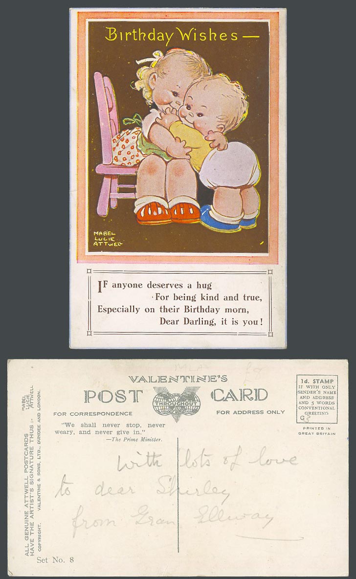 MABEL LUCIE ATTWELL Old Postcard Birthday Wishes - You Deserves a Hug, Set No. 8