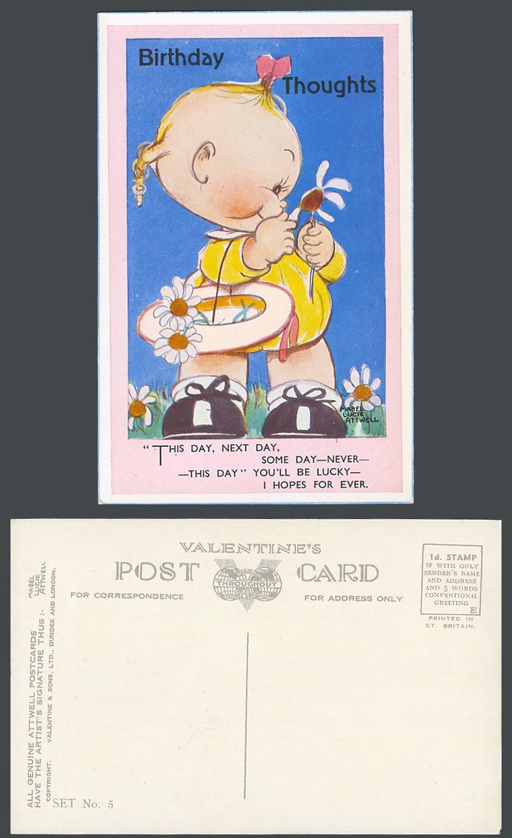 MABEL LUCIE ATTWELL Old Postcard Birthday Thoughts You'll Be Lucky Hope Set No.5