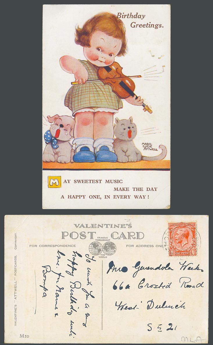 MABEL LUCIE ATTWELL 1932 Old Postcard Birthday Greetings Girl Violin Cat Dog M10