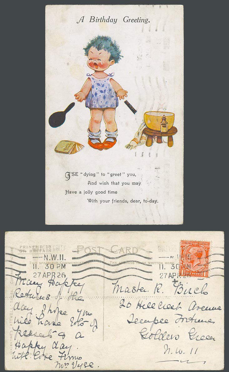 MABEL LUCIE ATTWELL 1926 Old Postcard Birthday Greetings Dying Hair, Series No B