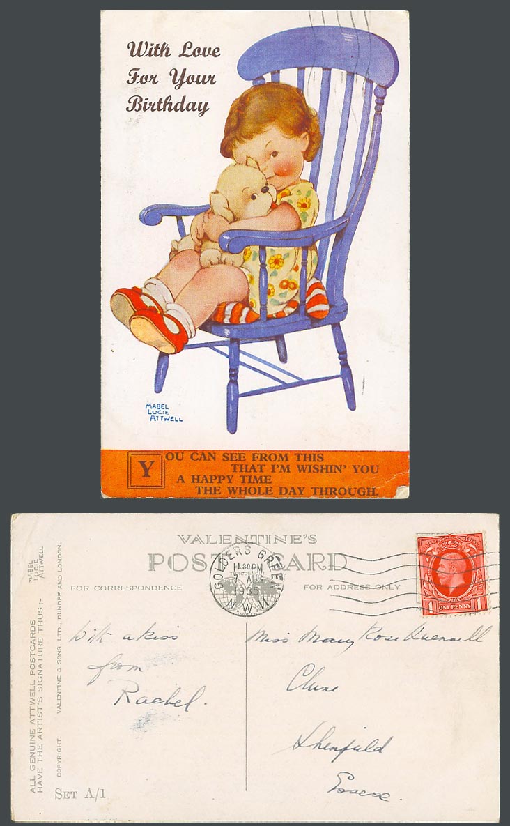 MABEL LUCIE ATTWELL 1935 Old Postcard Girl Dog With Love For Ur Birthday Set A/1